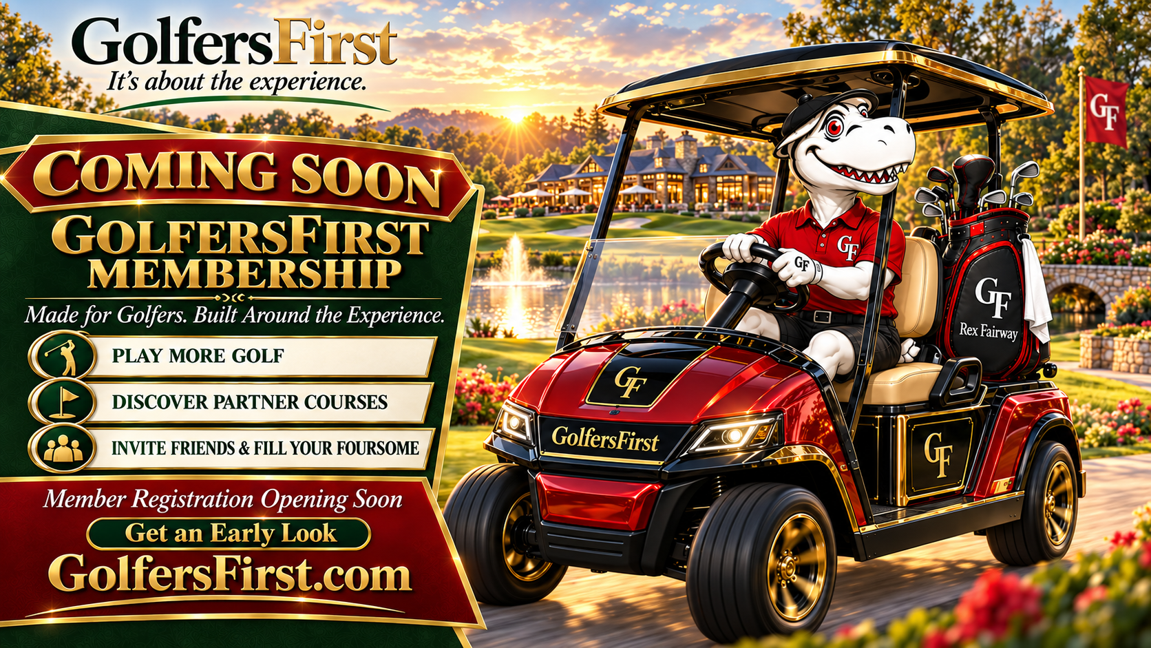 Rex Fairway driving a red and gold GolfersFirst golf cart